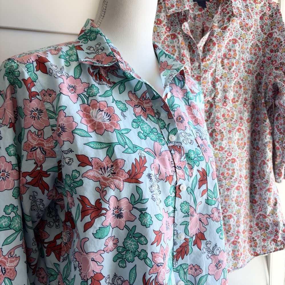Lot 2 Women Lands' End No Iron Supima Cotton Shirts Sz 14 Blue Floral 3/4 Sleeve